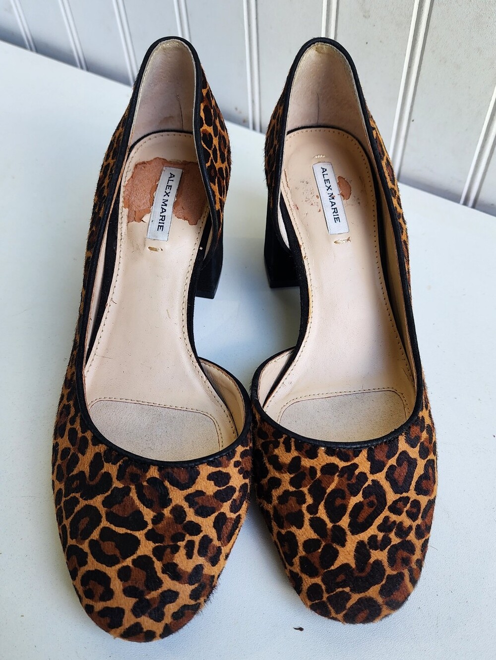 Alex Marie Animal Print Block Heel Real Calf Hair Brown Black Leopard Print 5.5